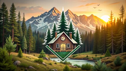 Majestic outdoor wildlife emblem logo vector illustration template featuring mountain cabin forest signs and symbols for adventure travel business.