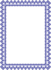 Blue and white rectangular Vertical Islamic Asian Kazakh national ornament ornament frames. A4 format. Kazakh pattern frame, border, decorative ornament of the Kazakh, Kyrgyz, Mongol, Tatar, Uzbek