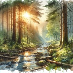 Beautiful forest watercolor landscape.