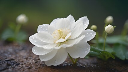 On the windswept hillside, a small white flower stands out among the rugged landscape, its delicate petals a symbol of resilience and beauty.