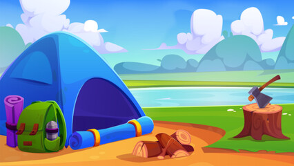 Lakeside tourist camp against summer landscape. Vector cartoon illustration of tent on green glade near water, axe, bag with paper map, beautiful scenery with river, green plants and sunny blue sky