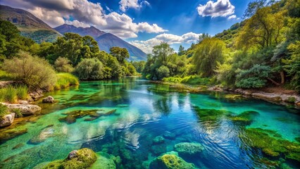 Serene turquoise waters of Blue Eye spring surrounded by lush greenery and rugged mountains in Delvine, Sarande, Albania.