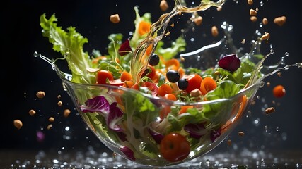 A unique and creative take on a salad, as it appears to be flying through the air in a splash of water. The high-speed photography captures the salad mid-flight, with each ingredient perfectly suspend