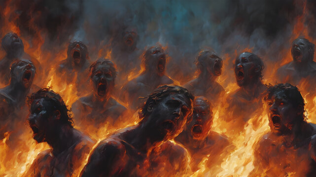 A painting of hell of suffering and eternal damnation. partially submerged screaming men,  AI generated image, ai