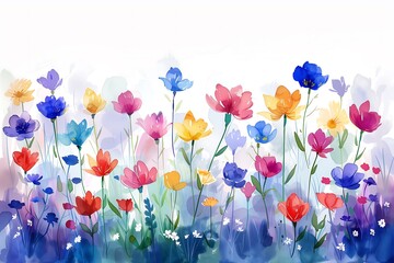 A watercolor illustration featuring a vibrant of wildflowers in an array of colors. The delicate leaves and flowers are on a white background, creating a fresh and lively composition of nature.