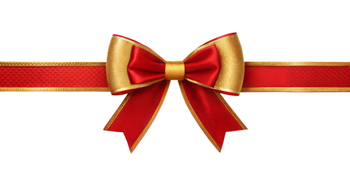 red ribbon and bow with gold isolated against transparent background
