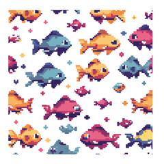 Obraz premium Colorful 8-bit Pixel Art Aquarium Fish Collection for Retro Gaming and Digital Design