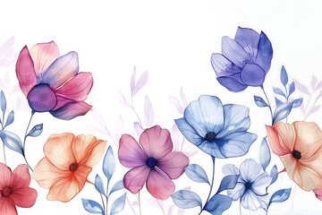 Obraz premium A watercolor illustration featuring a vibrant of wildflowers in an array of colors with translucent petals. The delicate flowers are on a white background, creating a lively composition of nature.