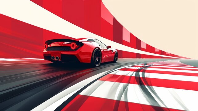 Modern red sports car speeding on a race track with dynamic motion blur and bold red and white stripes, emphasizing speed and performance