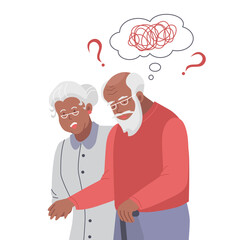 Black Old man suffer from dementia loss memory. Woman supports confused senior male struggle with Alzheimer disease. Elderly healthcare and medicine concept. Flat vector illustration. 