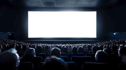 A large, empty movie screen in a dark theater, with an audience waiting for the show to begin.