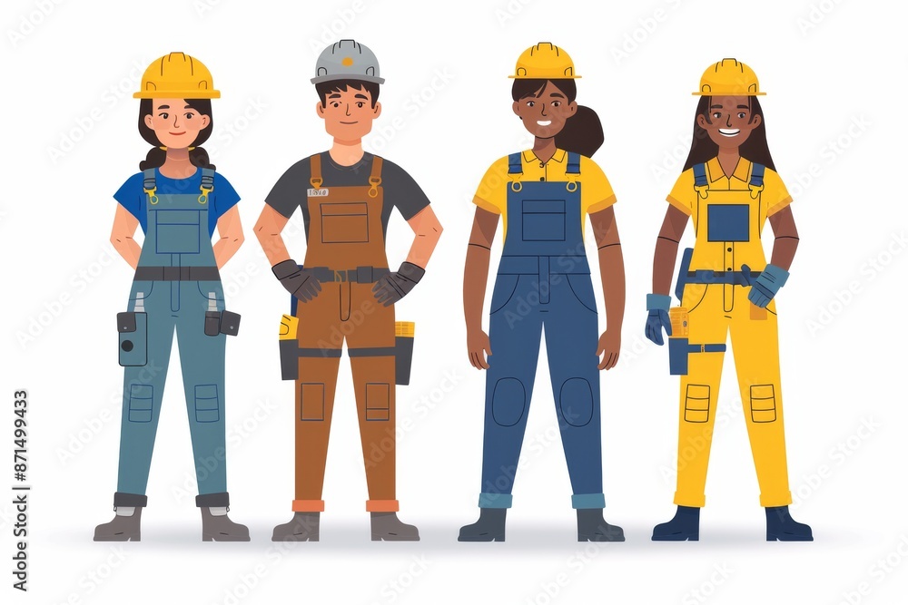 Poster diverse group of construction workers in uniforms symbolizing unity and professionalism in a vibrant
