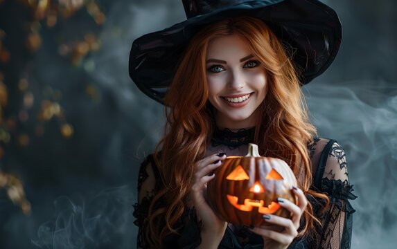 Young witch with jack o'lantern in night misty forest. Smiling redhead woman holding carved pumpkin. Halloween party, trick or treat concept. Magic, witchcraft, sorcery. Banner with copy space