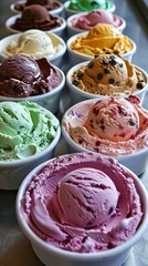 Many bowls with different colored ice creams and different flavors