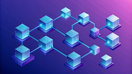 Isometric roadmap with numerous steps and cubes in varying sizes on a purple-blue background, ideal for blockchain project presentation.