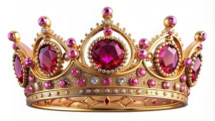 Exquisite, ornate gold crown adorned with vibrant pink diamonds, majestically sitting alone on a transparent background, radiating luxury and opulence.