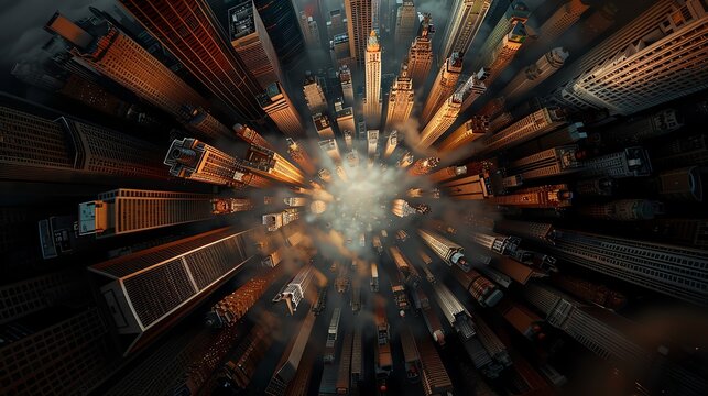 A surreal, bird's-eye view of a dense urban cityscape with towering buildings. The perspective creates a dizzying and abstract effect.