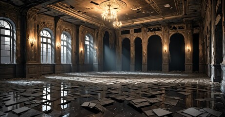 Obraz premium abandoned palace ballroom castle mansion interior design ruins. gothic baroque victorian empty lavish goth luxurious room decor aged, worn, destroyed, debris, and rubble.