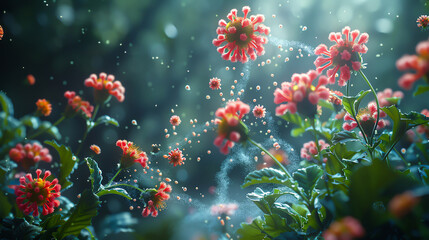 Dreamlike scene of vibrant pink flowers with dew drops in soft focus, illuminated by natural sunlight in a tranquil, misty environment.