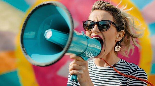 A lively vintage-style image of a woman in stripes shouting into a turquoise megaphone crazy promotions, set against a vibrant, abstract sunburst background