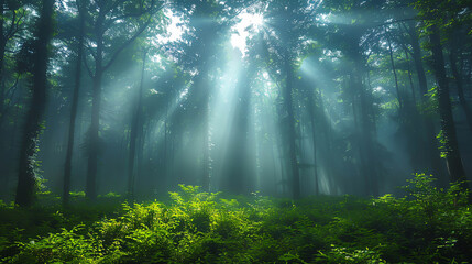 Obraz premium Sunlight filtering through dense forest foliage, illuminating lush green ferns and creating a serene and magical atmosphere in nature.