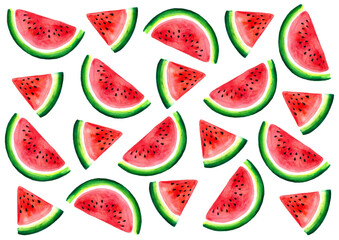 Pattern of watermelon slices. Pieces of triangles and semicircles. Watercolor drawing. Different shades of red, green. Bones Chaotically located on a white background.