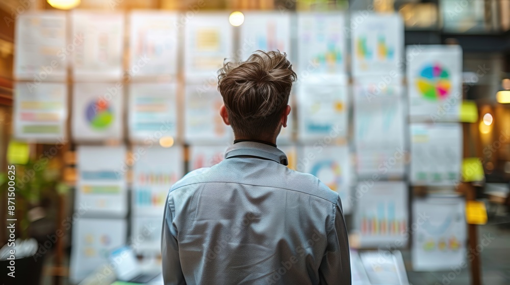 Aufkleber a businessman analyzing data charts on a wall, focusing on graphs and statistics, with sunlight filt