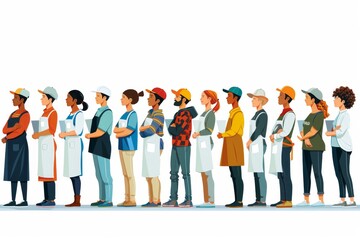 Obraz premium Diverse group of workers in various uniforms symbolizing unity and collaboration in a vibrant and inclusive illustration