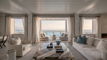 Fototapeta premium Stylish beachfront living room with minimalist interior and expansive ocean views, interior design photography