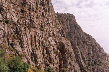 A rocky mountain with a few trees growing on it