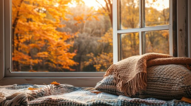 A cozy autumn scene with blankets and pillows by a window, overlooking colorful fall foliage and warm sunlight.
