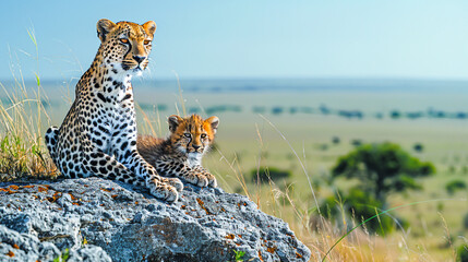 Obraz premium Majestic Leopard and Cub Resting on Rocky Outcrop in African Savannah Safari with Clear Blue Sky Background