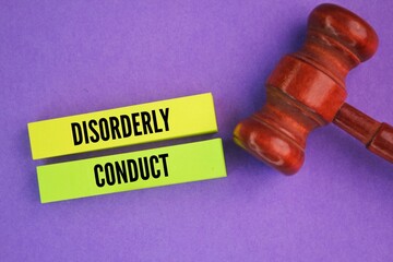 judge's gavel and colored paper with the word disorderly conduct. the concept of indecent behavior