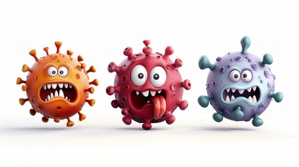 Three cartoon virus characters with exaggerated facial expressions, isolated on white background.
