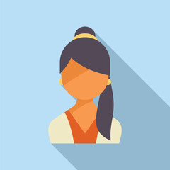 Flat design illustration of a young businesswoman smiling with long black hair tied up wearing earrings