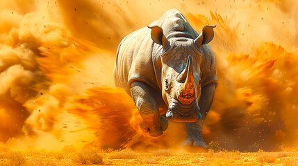 Fototapeta premium Majestic Rhino Charging across African Plains in Stunning 8K Photorealistic Quality with Visible Muscle Definition and Dust Clouds