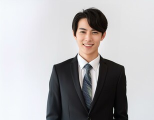 黒いスーツ姿で笑顔の20代の男性会社員コンサルタント 経営者