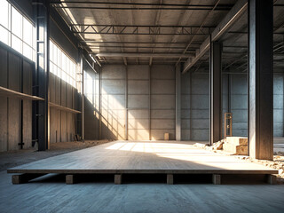 An bright daylight image of podium in empty indoor space under construction surrounded by steel,
debris and concrete structures.	