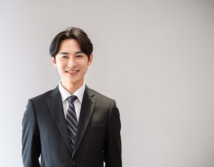 黒いスーツ姿で笑顔の20代の男性会社員コンサルタント 経営者