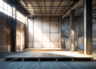 An bright daylight image of podium in empty indoor space under construction surrounded by steel,
debris, concrete and structures.	