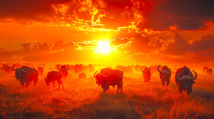 Naklejka premium Majestic Buffalo Herd Silhouetted in Fiery African Safari Sunset - 8k Resolution