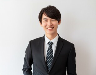 黒いスーツ姿で笑顔の20代の男性会社員コンサルタント 経営者