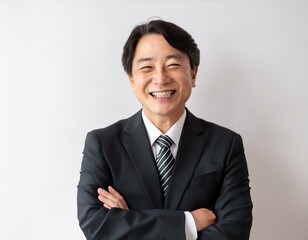 黒いスーツ姿で笑顔で腕組みをする50代の男性コンサルタント 経営者