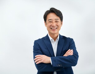 黒いスーツ姿で笑顔で腕組みをする50代の男性実業家 経営者