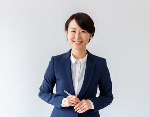 スーツ姿で笑顔で講義する30代の女性研修講師
