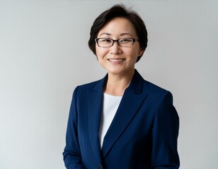 黒いスーツ姿で笑顔でメガネの60代の女性実業家