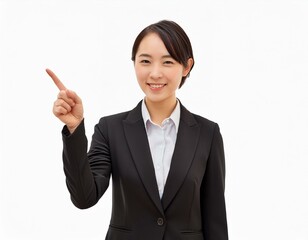 スーツ姿で笑顔で指を指す20代の美人女性
