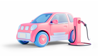 3d electric pink car refueling, isolated from white background