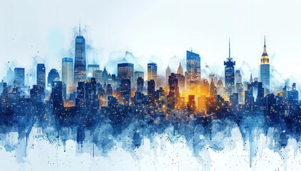 Obraz premium Watercolor Cityscape with Blue and Orange Hues