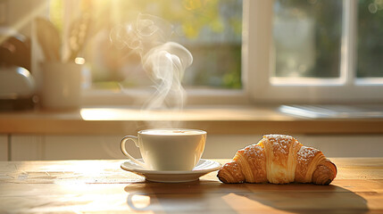 A steaming cup of coffee and a croissant on a wooden table in a cozy kitchen with morning sunlight streaming through the window. A perfect setting for a relaxing breakfast.